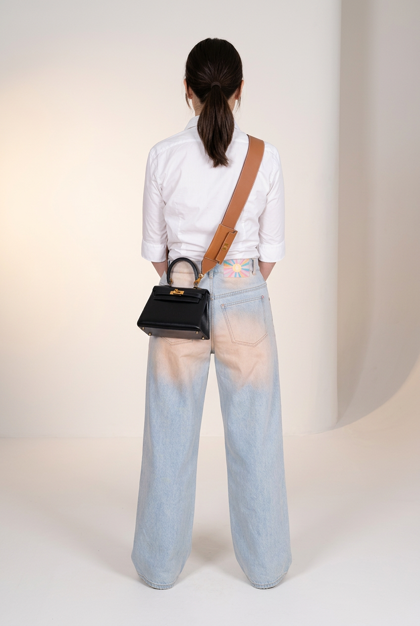 Hermès Kelly Pochette Pocket PM Strap Gold Swift and Epsom Gold Hardware, worn crossbody by a model with a Kelly bag that is not included