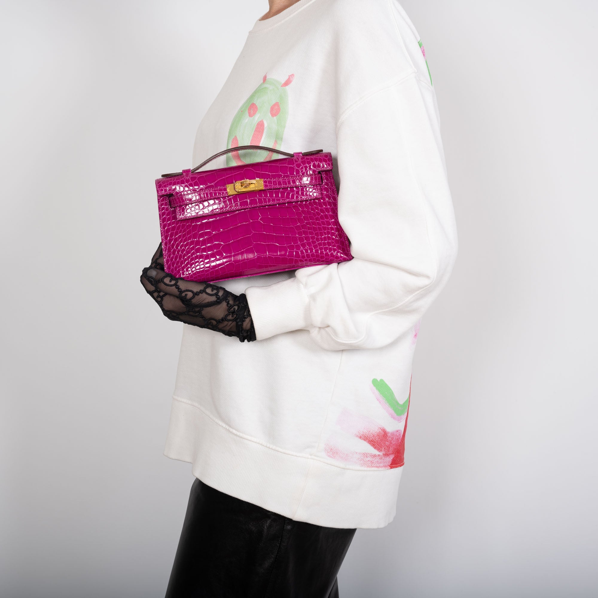 Hermès Kelly Pochette Rose Scheherazade Shiny Alligator Gold Hardware