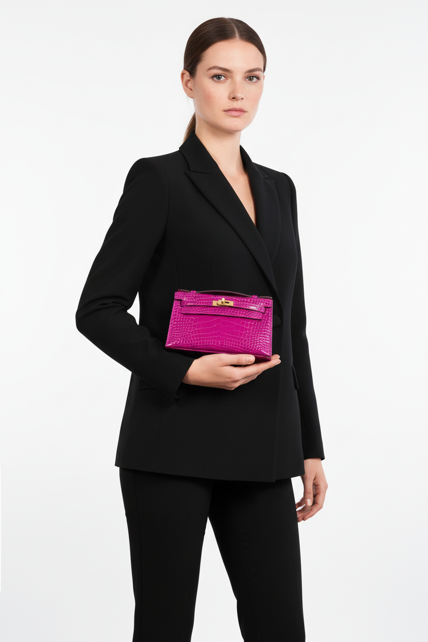 Hermès Kelly Pochette Rose Scheherazade Shiny Alligator Gold Hardware