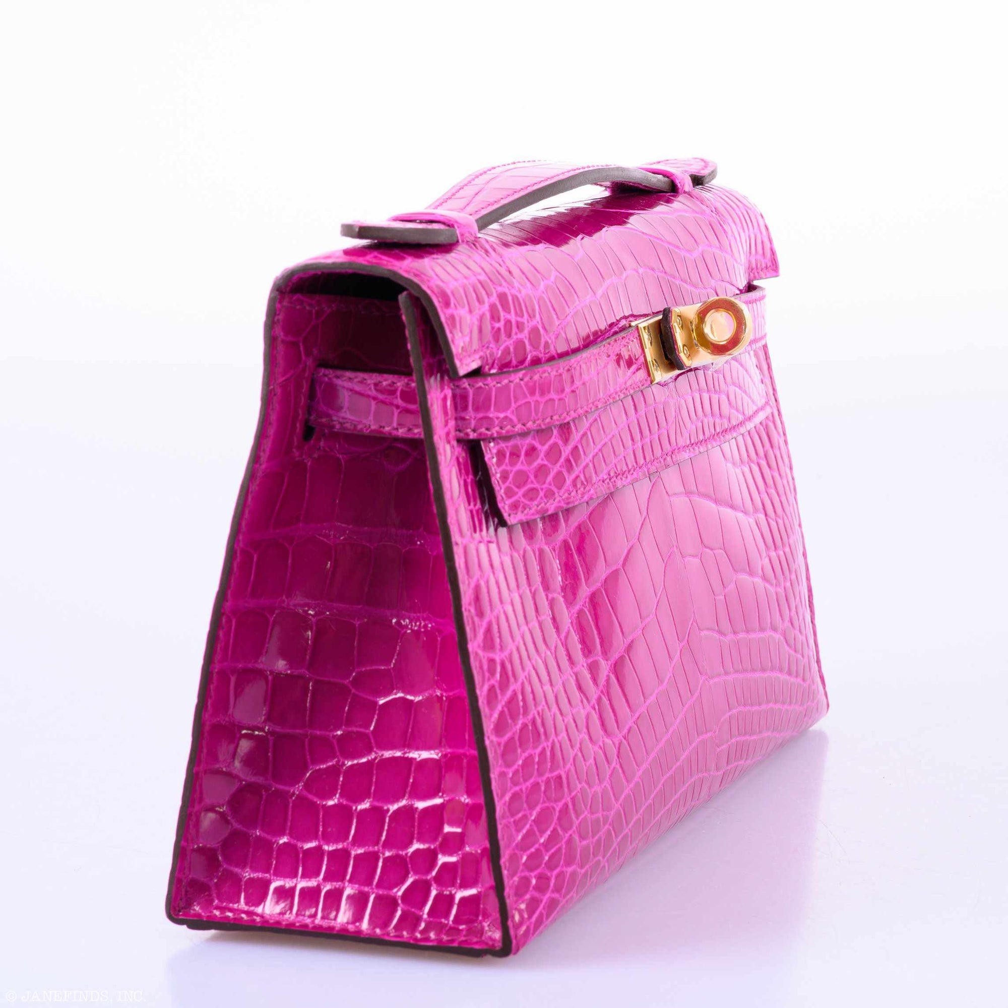 Hermès Kelly Pochette Rose Scheherazade Shiny Alligator Gold Hardware