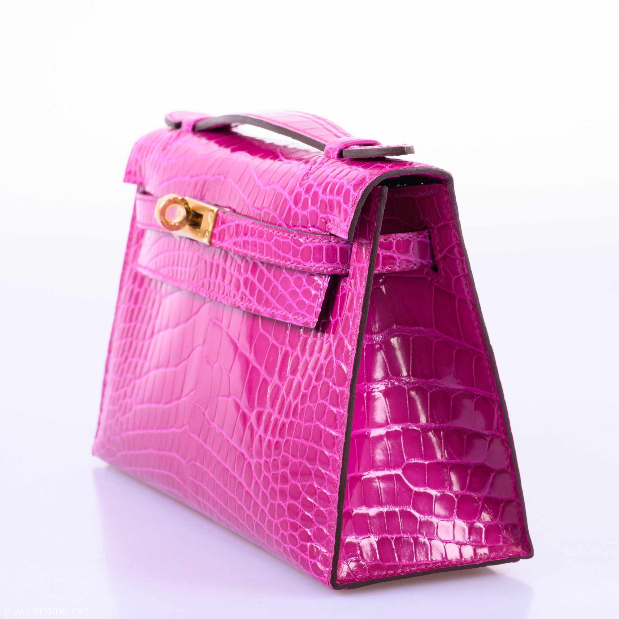 Hermès Kelly Pochette Rose Scheherazade Shiny Alligator Gold Hardware