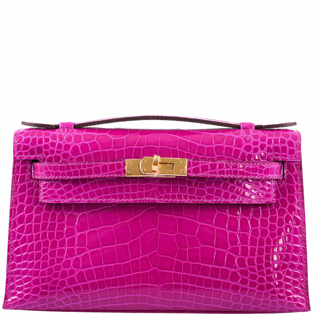 Hermès Kelly Pochette Rose Scheherazade Shiny Alligator Gold Hardware