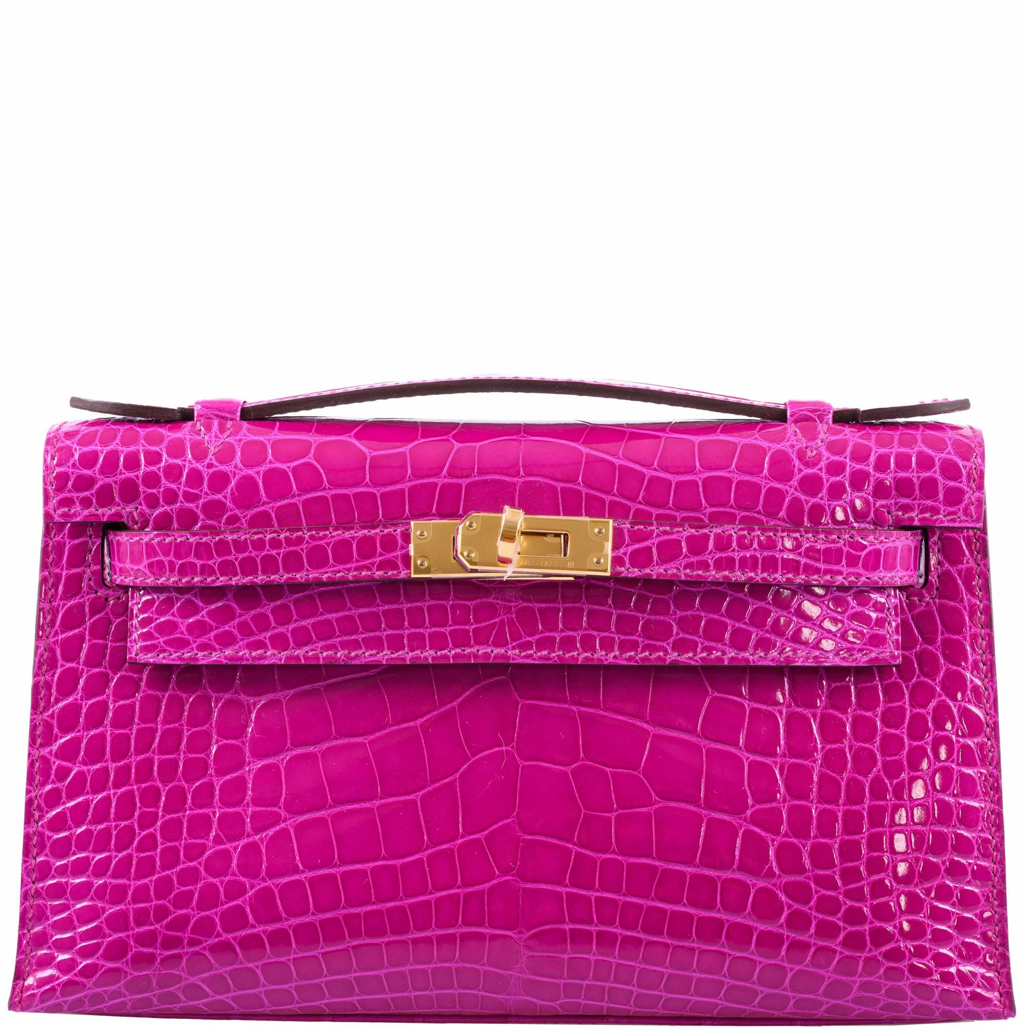 Hermès Kelly Pochette Rose Scheherazade Shiny Alligator Gold Hardware