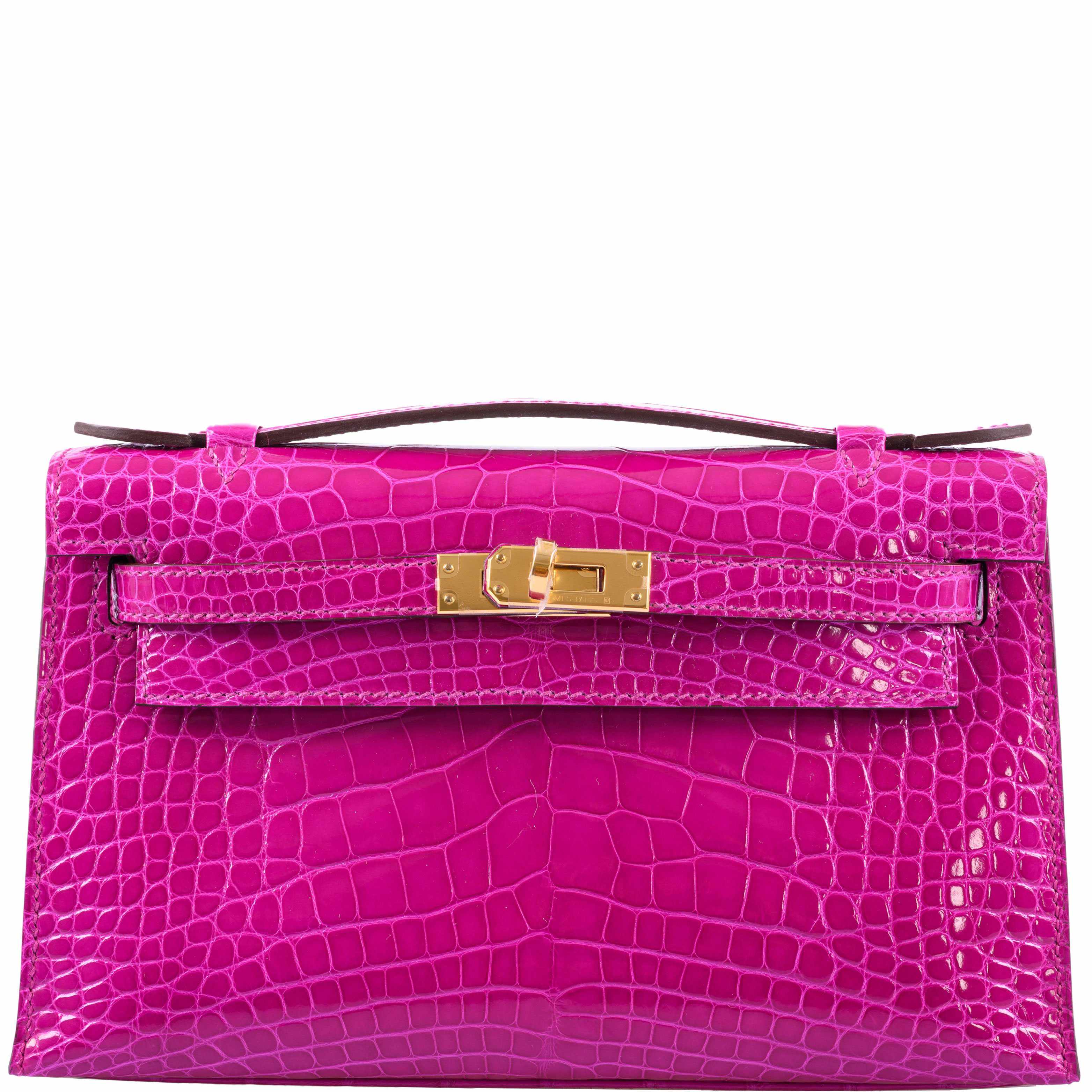 Hermès Kelly Pochette Rose Scheherazade Shiny Alligator Gold Hardware