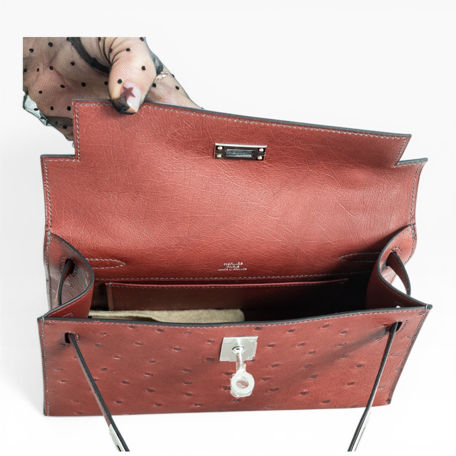 Hermès Kelly Pochette Rouge H Ostrich Palladium Hardware