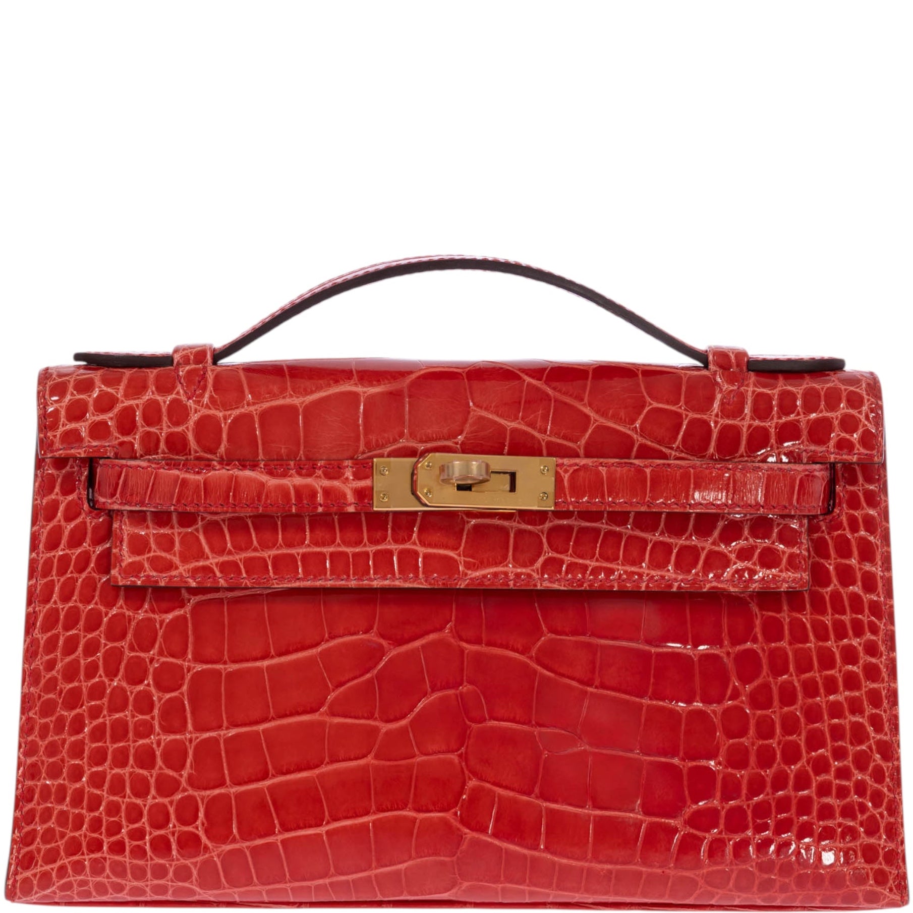 Hermès Kelly Pochette Rouge de Coeur Shiny Alligator Gold Hardware