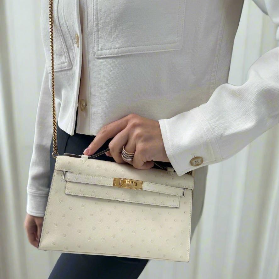 Hermès Kelly Pochette Sellier Nata Ostrich Boreal with Gold Hardware