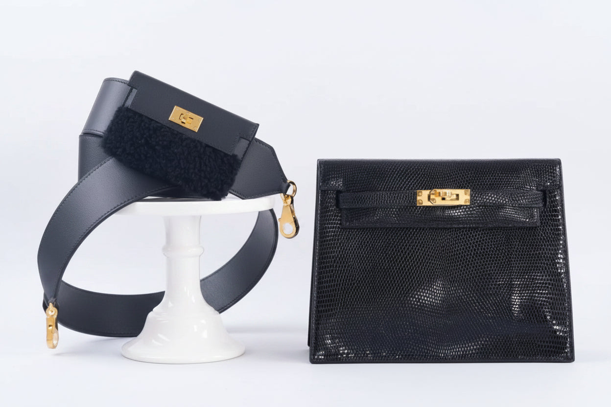Hermès Kelly Pochette Teddy Pocket Shoulder Strap Noir Shearling & Swift Gold Hardware