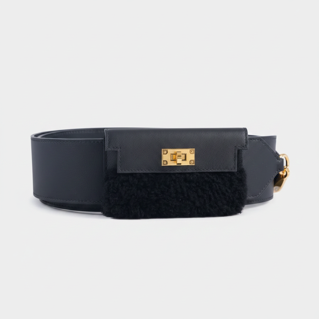 Hermès Kelly Pochette Teddy Pocket Shoulder Strap Noir Shearling & Swift Gold Hardware