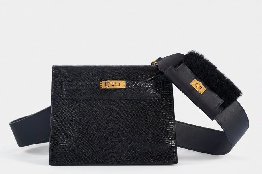 Hermès Kelly Pochette Teddy Pocket Shoulder Strap Noir Shearling & Swift Gold Hardware