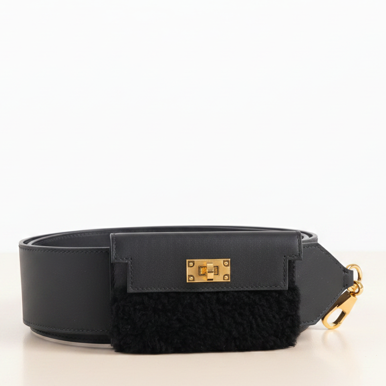 Hermès Kelly Pochette Teddy Pocket Shoulder Strap Noir Shearling & Swift Gold Hardware