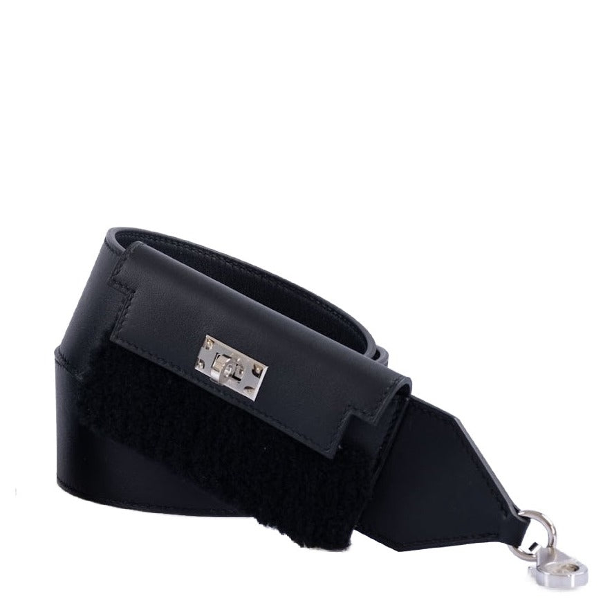 Hermès Kelly Pochette Teddy Shoulder Strap Black Shearling and Swift Palladium Hardware