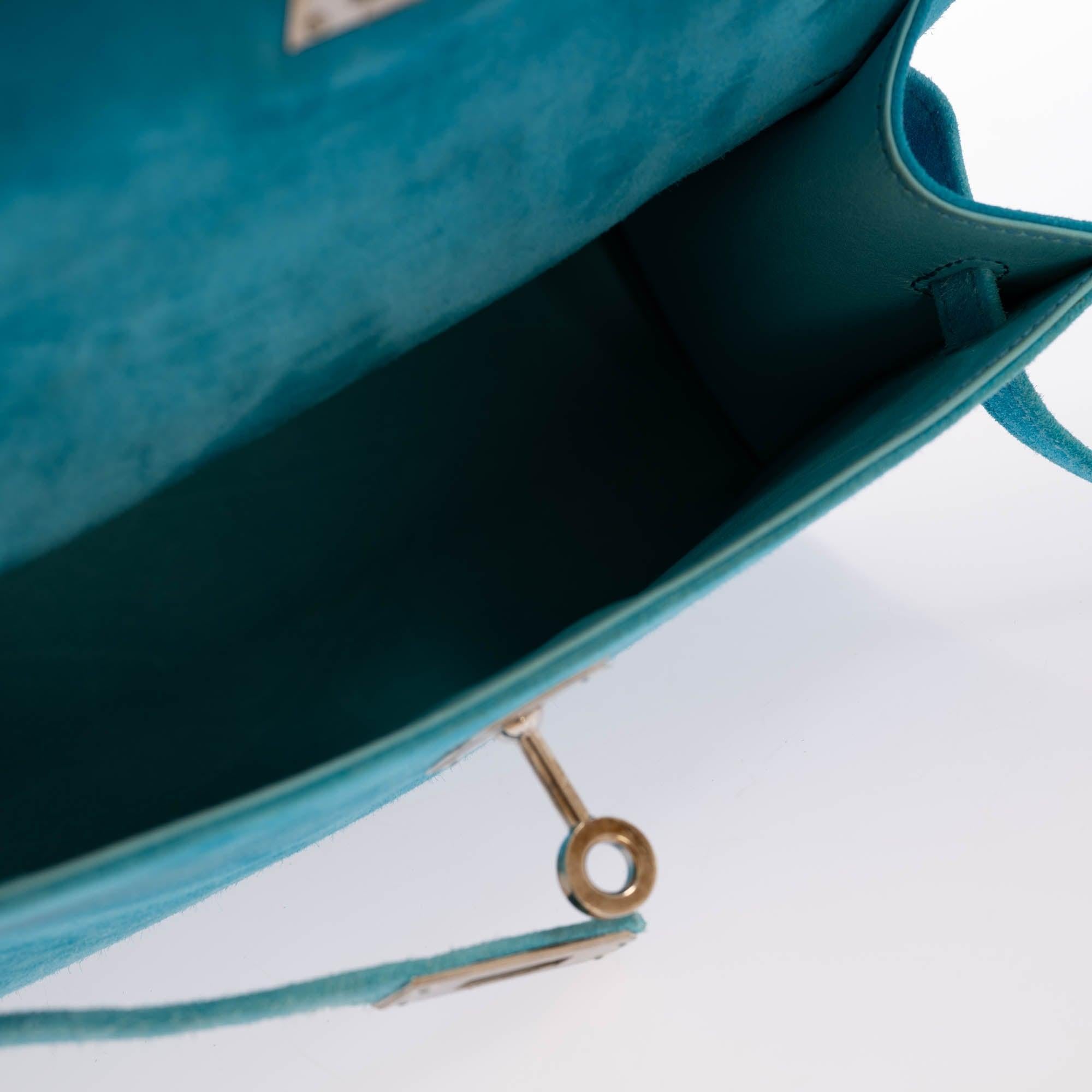 Hermès Kelly Pochette Turquoise Veau Doblis Suede Palladium