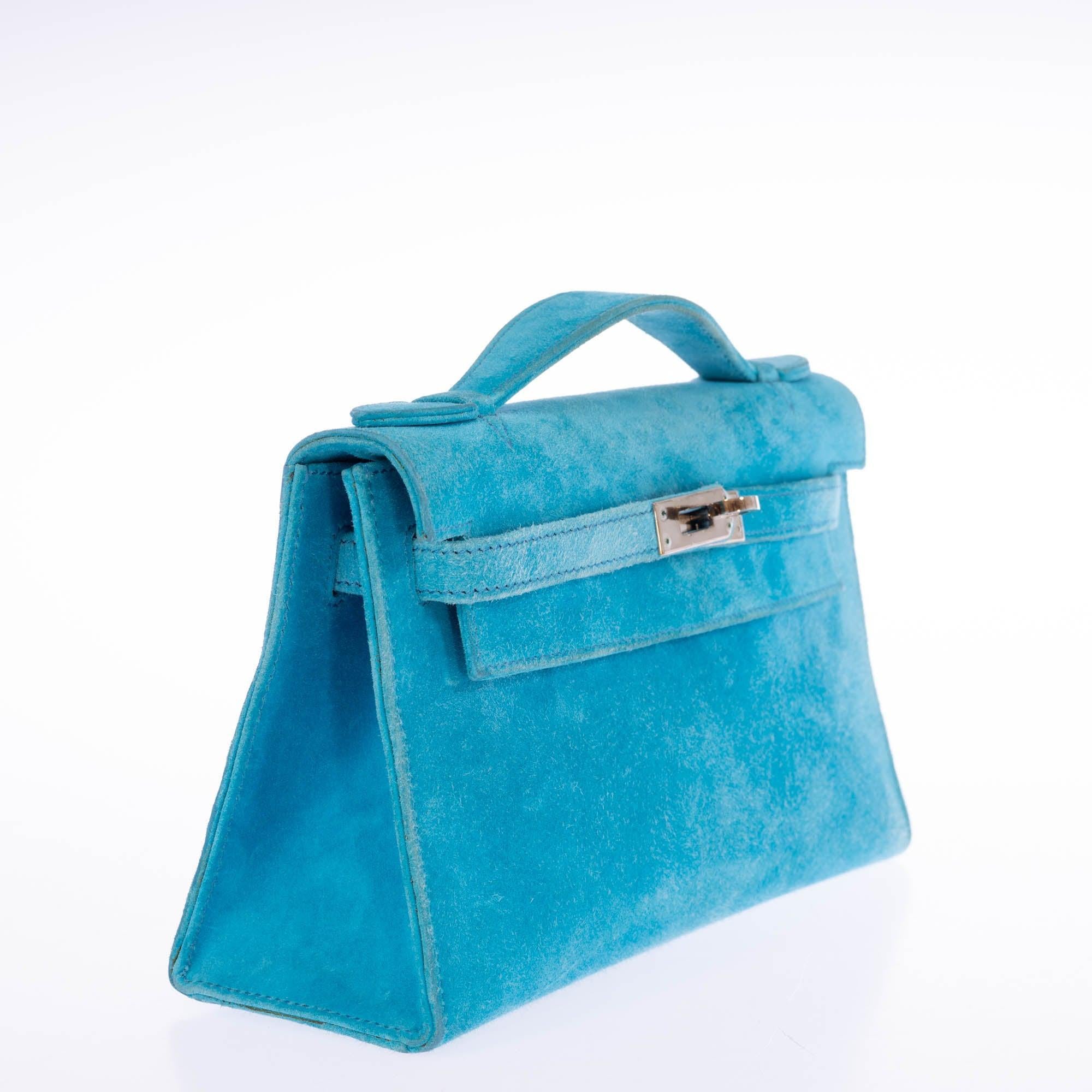 Hermès Kelly Pochette Turquoise Veau Doblis Suede Palladium