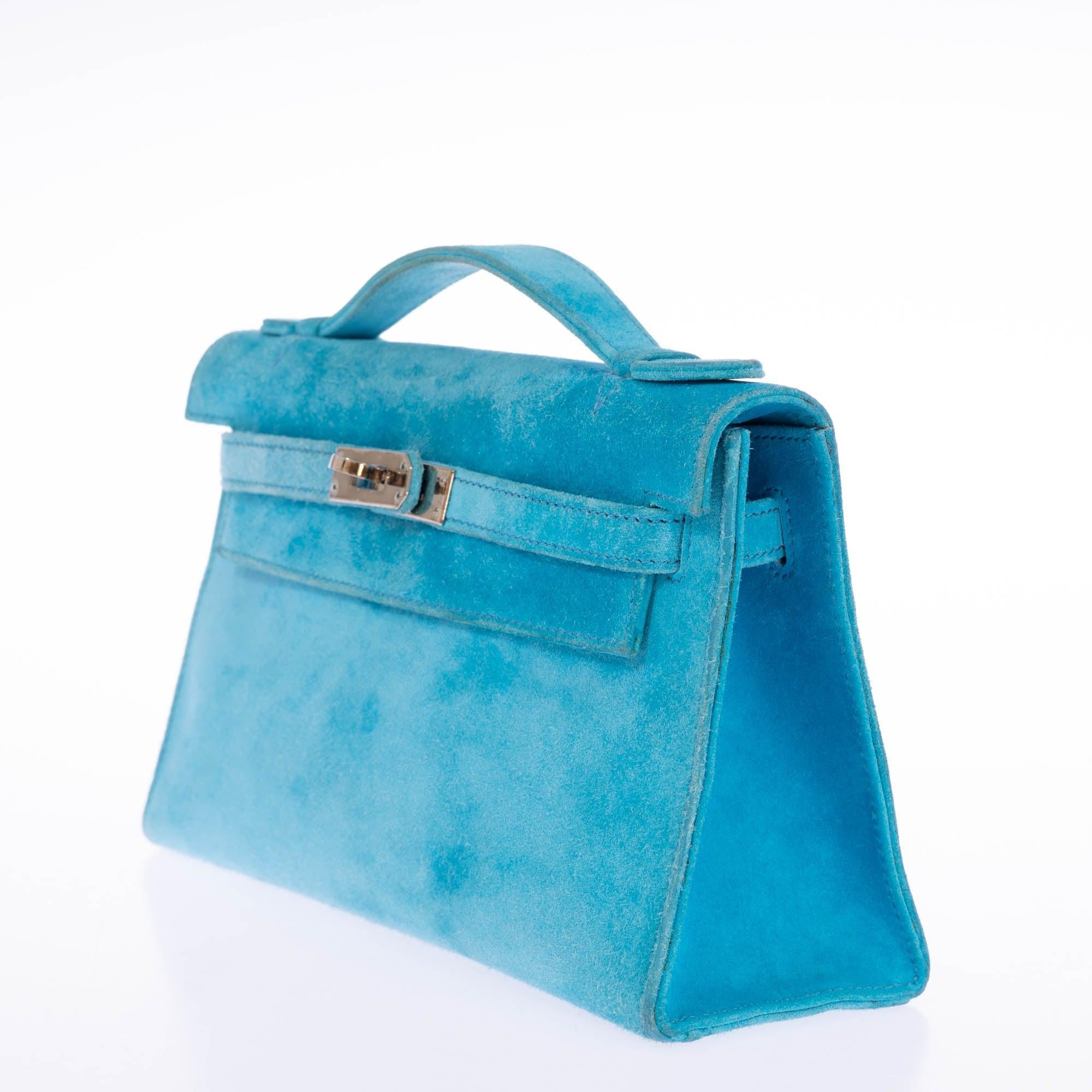 Hermès Kelly Pochette Turquoise Veau Doblis Suede Palladium