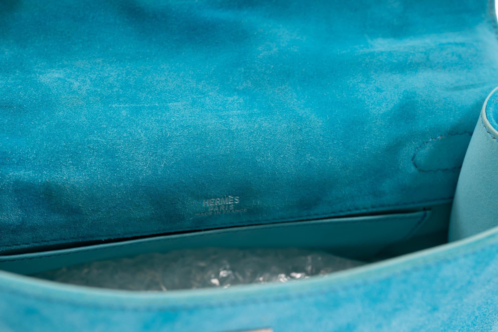 Hermès Kelly Pochette Turquoise Veau Doblis Suede Palladium Hardware
