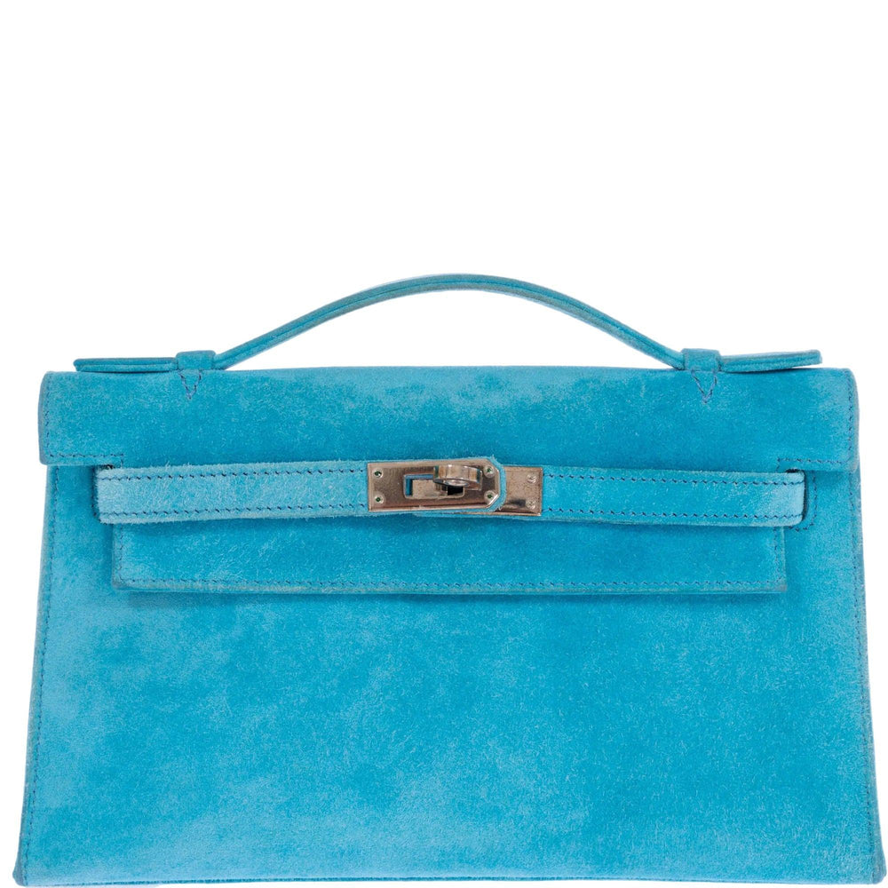 Hermès Kelly Pochette Turquoise Veau Doblis Suede Palladium Hardware