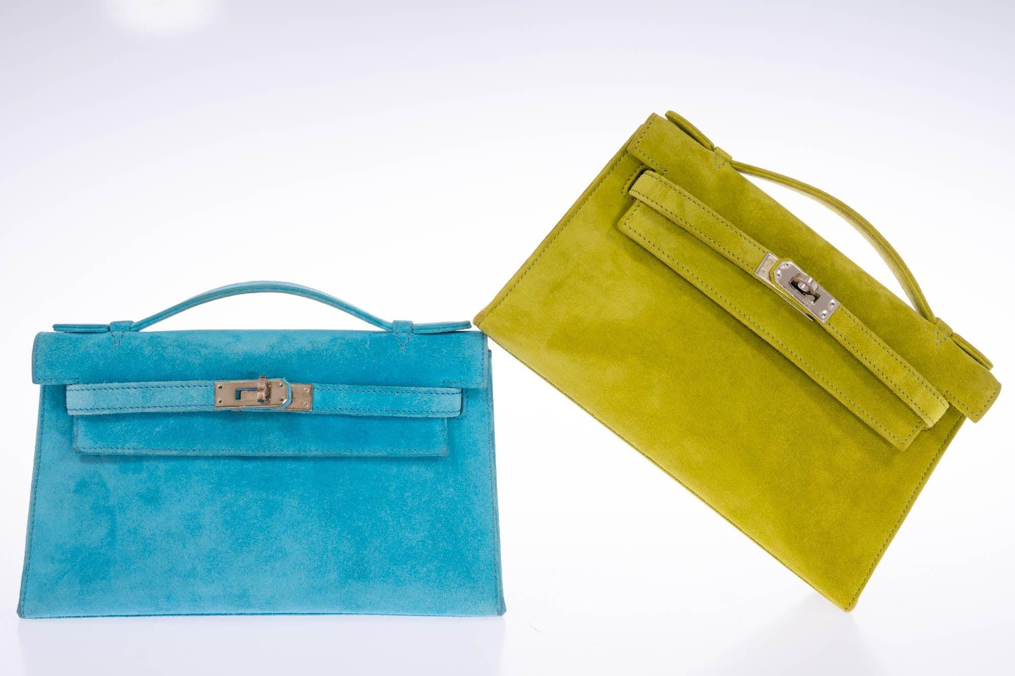 Hermès Kelly Pochette Vert Anis Veau Doblis Suede Palladium