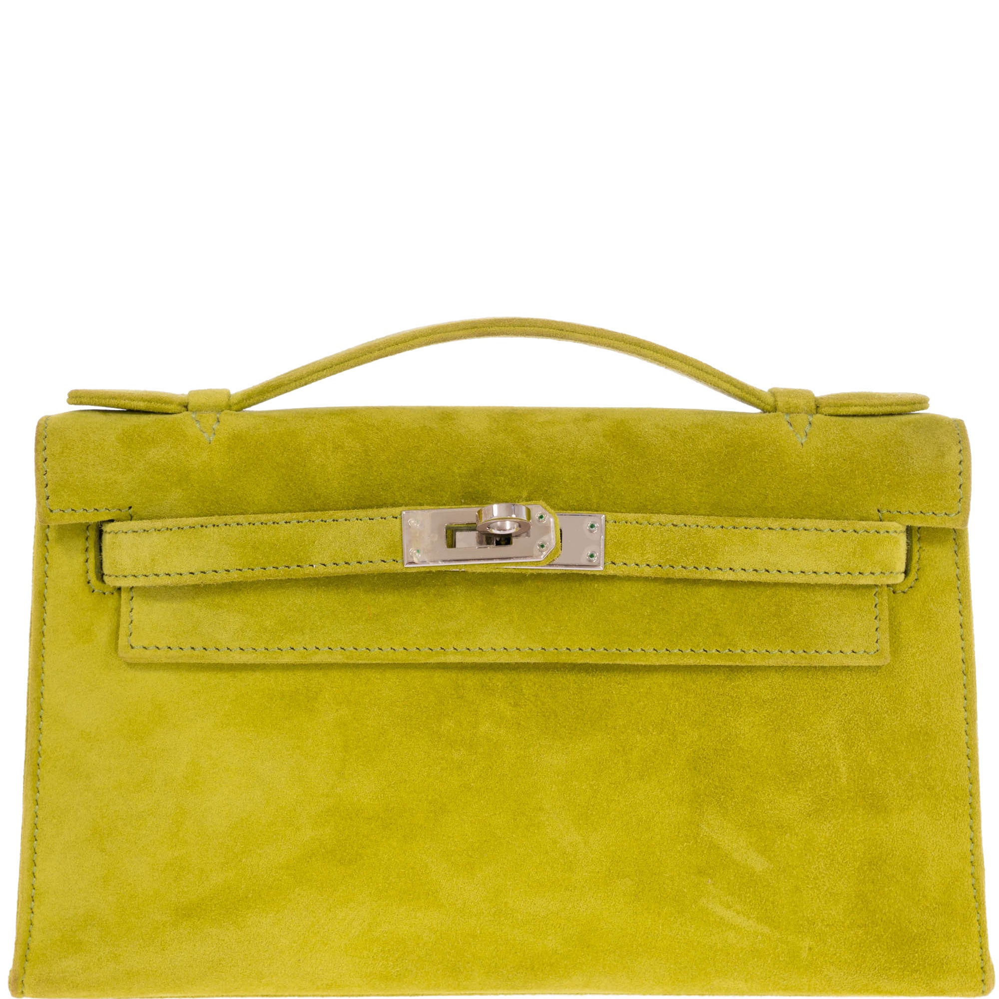 Hermès Kelly Pochette Vert Anis Veau Doblis Suede Palladium