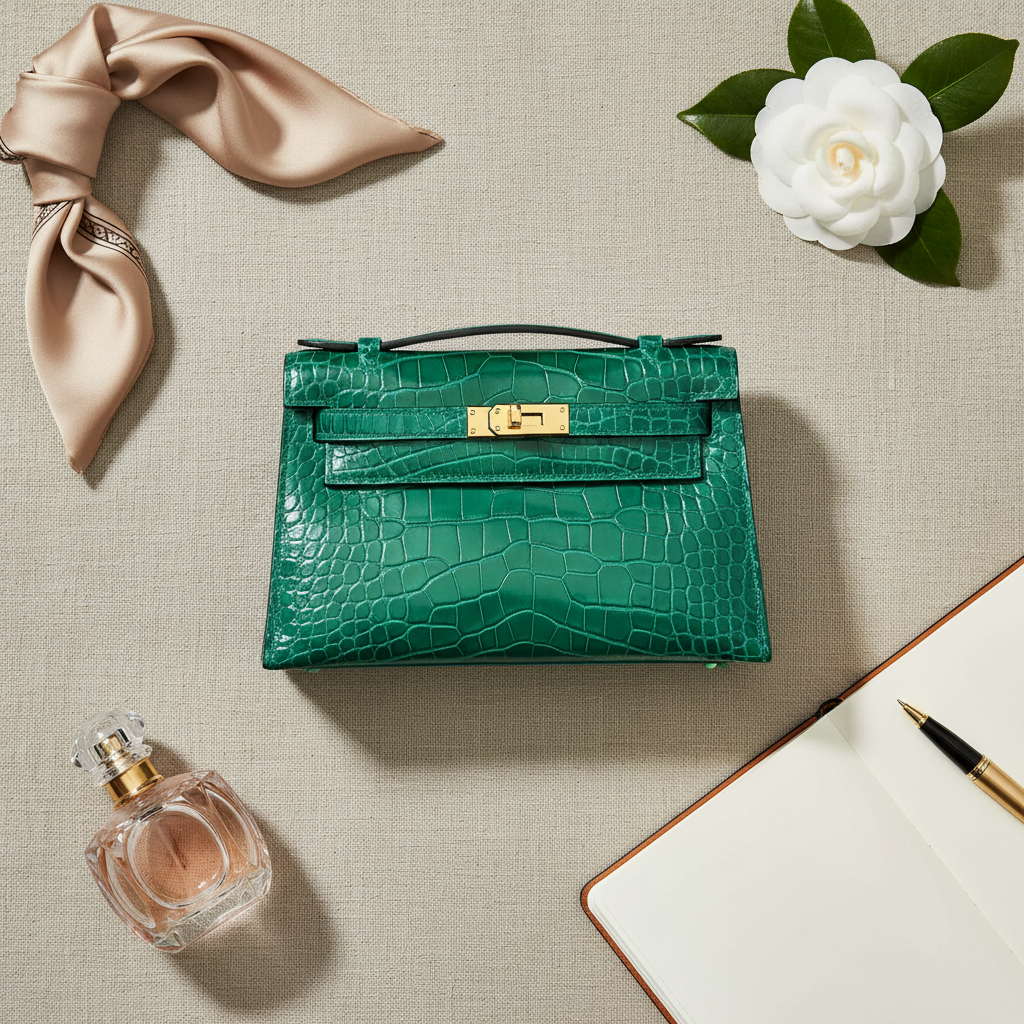 Hermès Kelly Pochette Vert Jade Alligator Clutch Gold Hardware