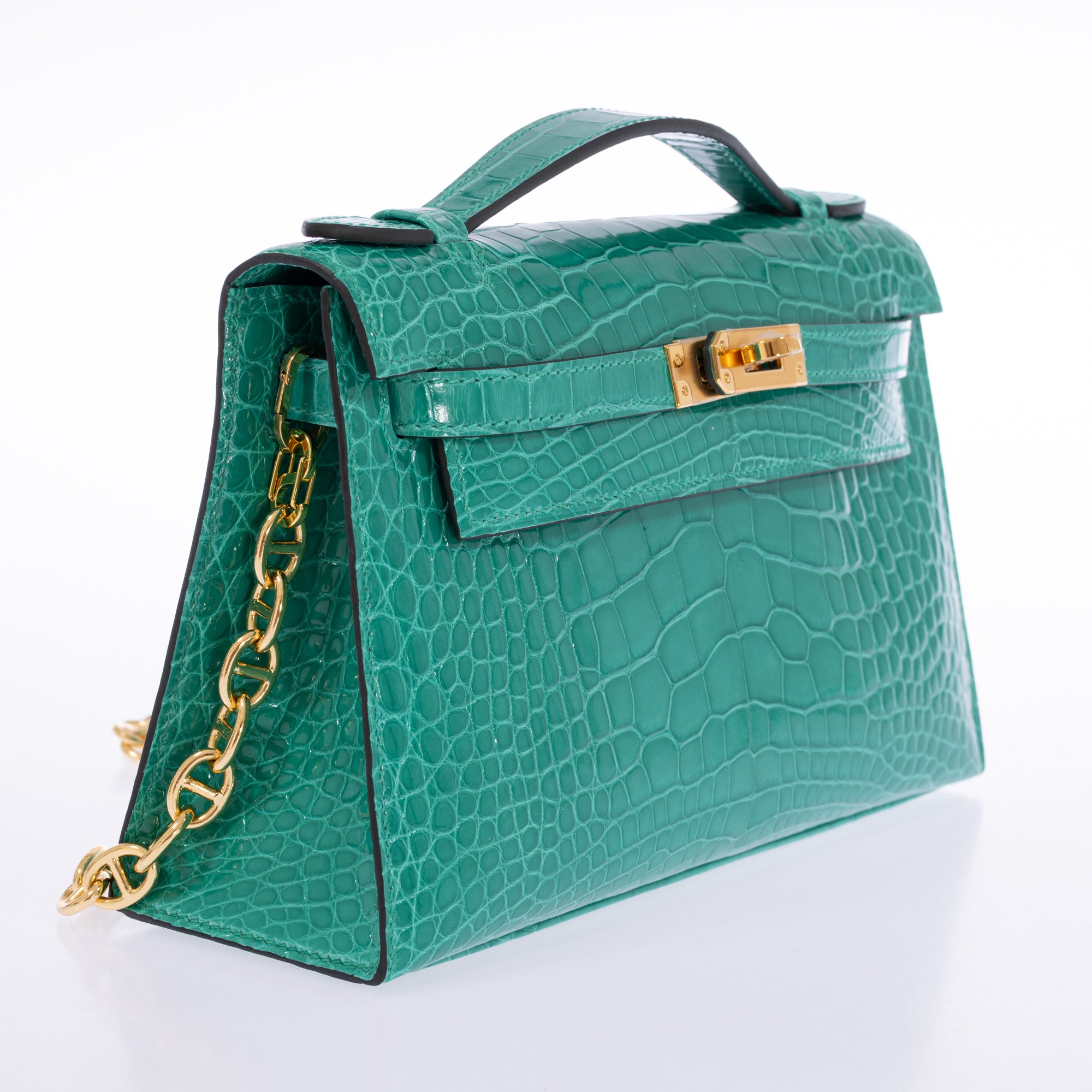 Hermès Kelly Pochette Vert Jade Shiny Alligator Gold Hardware