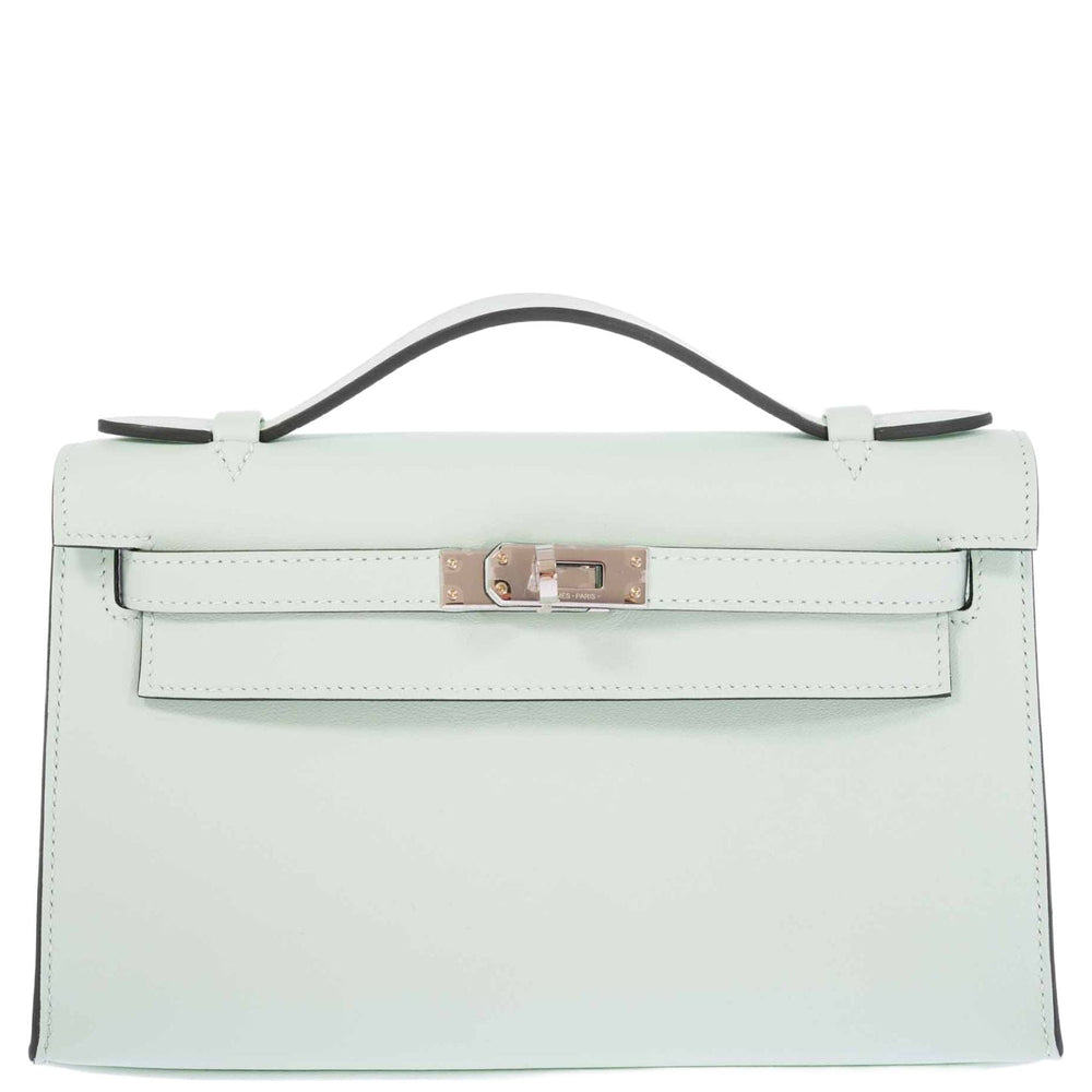 Hermès Kelly Pochette Vert Peppermint Swift Palladium Hardware, front view