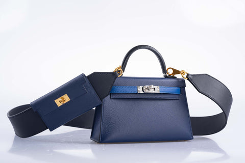 Hermès Kelly Pocket Strap Epsom Caban and Swift Bleu Saphir Gold Hardware