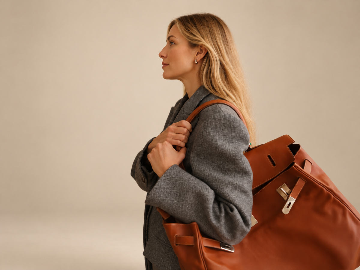 Hermès Kelly Relax 50 Fauve Swift Palladium Hardware, carried on the shoulder by a model, wide profile view