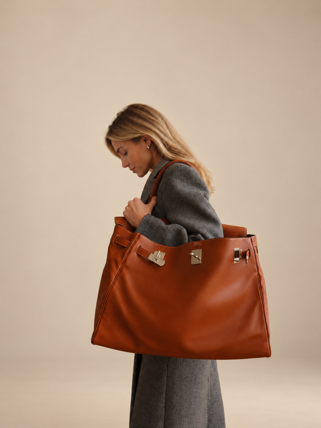 Hermès Kelly Relax 50 Fauve Swift Palladium Hardware, carried on the shoulder by a model looking down