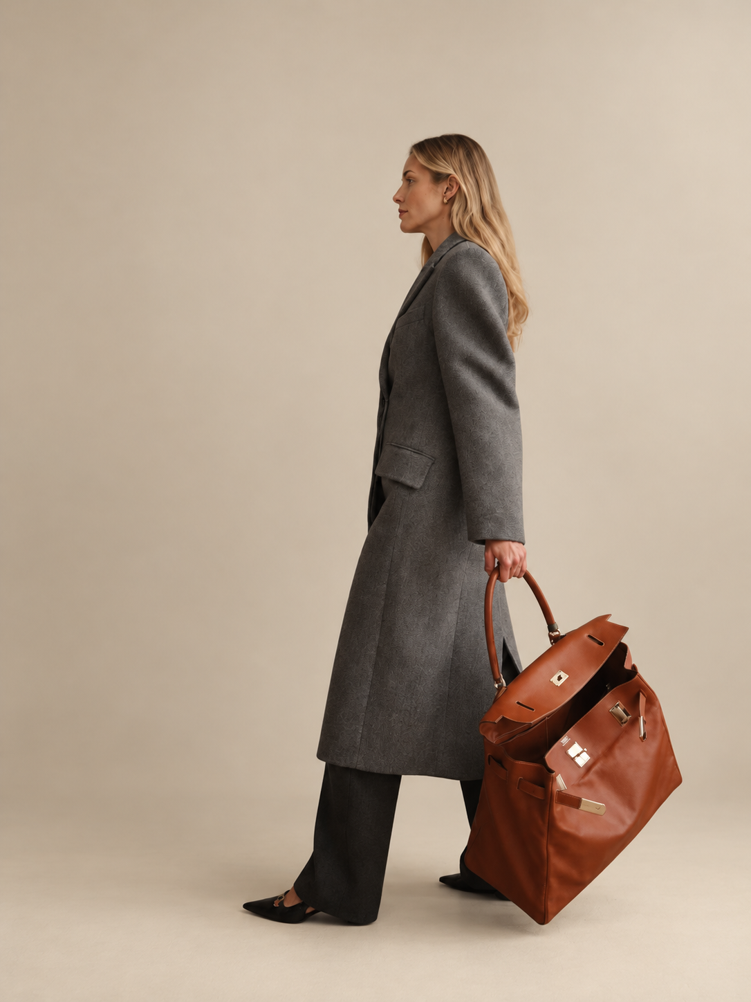 Hermès Kelly Relax 50 Fauve Swift Palladium Hardware, carried by hand by a model in a gray coat, side view