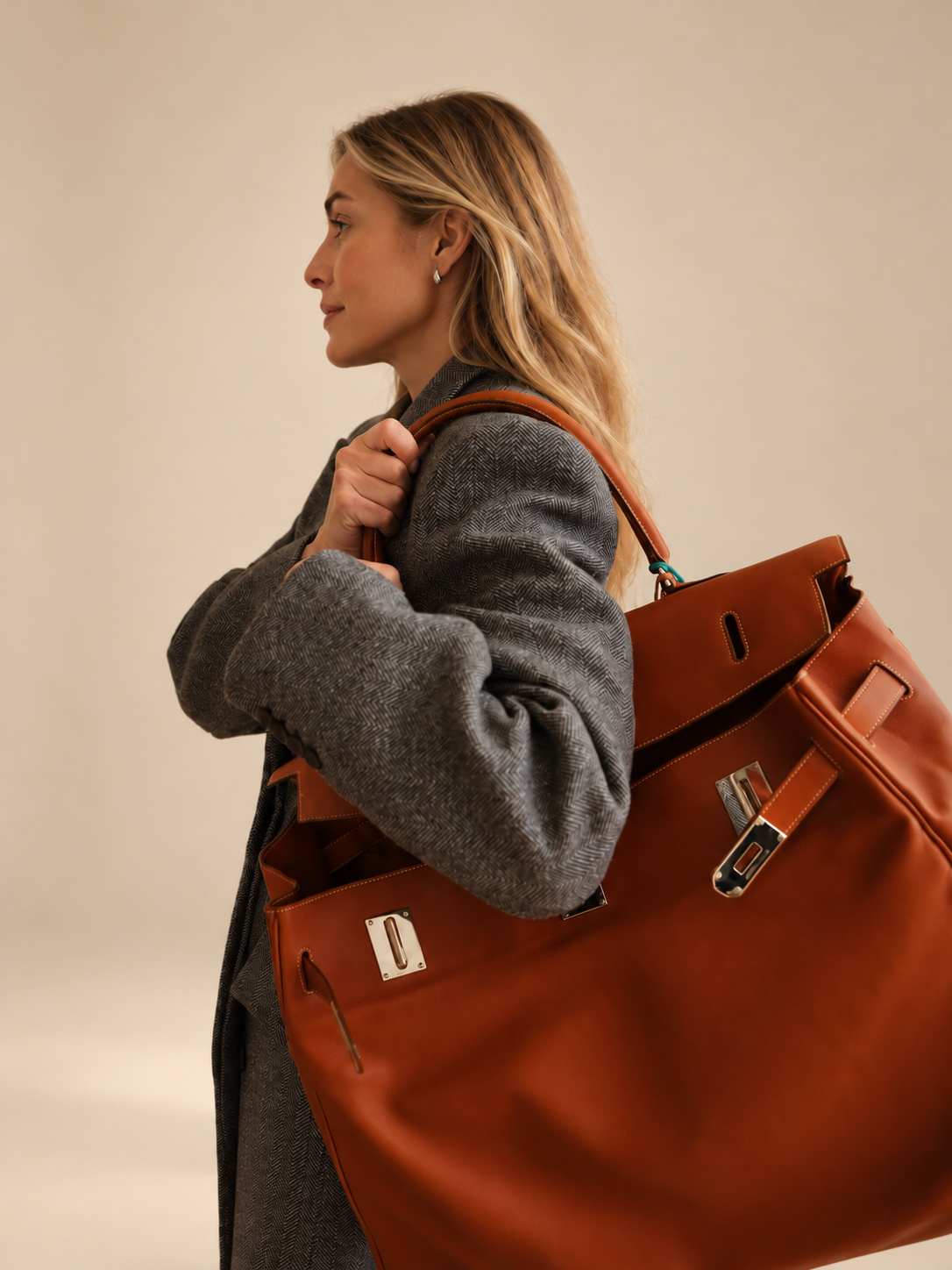 Hermès Kelly Relax 50 Fauve Swift Palladium Hardware, carried on the shoulder by a model, profile view