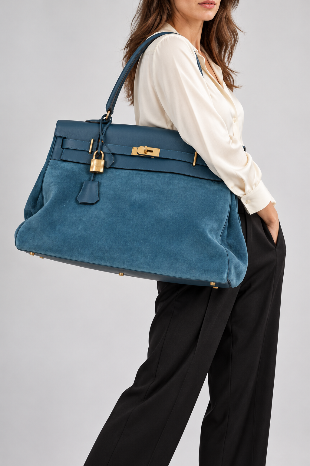 Hermès Kelly Relax 50 Grizzly Bleu Thalassa Doblis Suede and Swift Permabrass Hardware, worn on the shoulder by its long handle