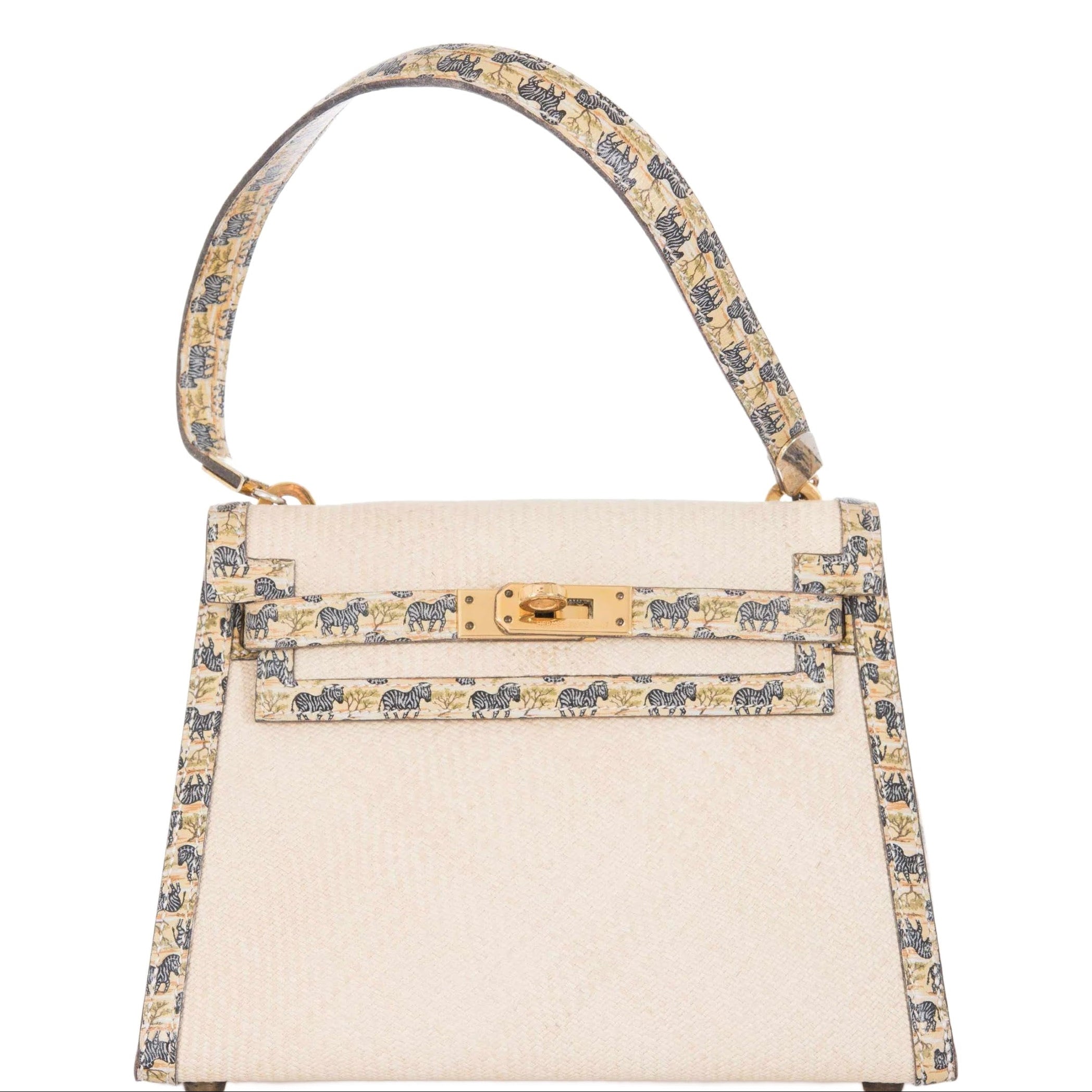 Hermès Kelly Sellier 20 Panama Straw Natural Zebra Print Gold Hardware