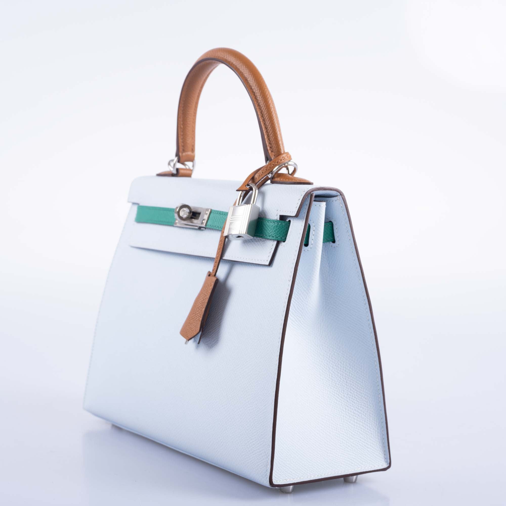 Hermès Kelly Sellier 25 Tri-Color Bleu Brume, Vert Jade and Gold Epsom Palladium Hardware