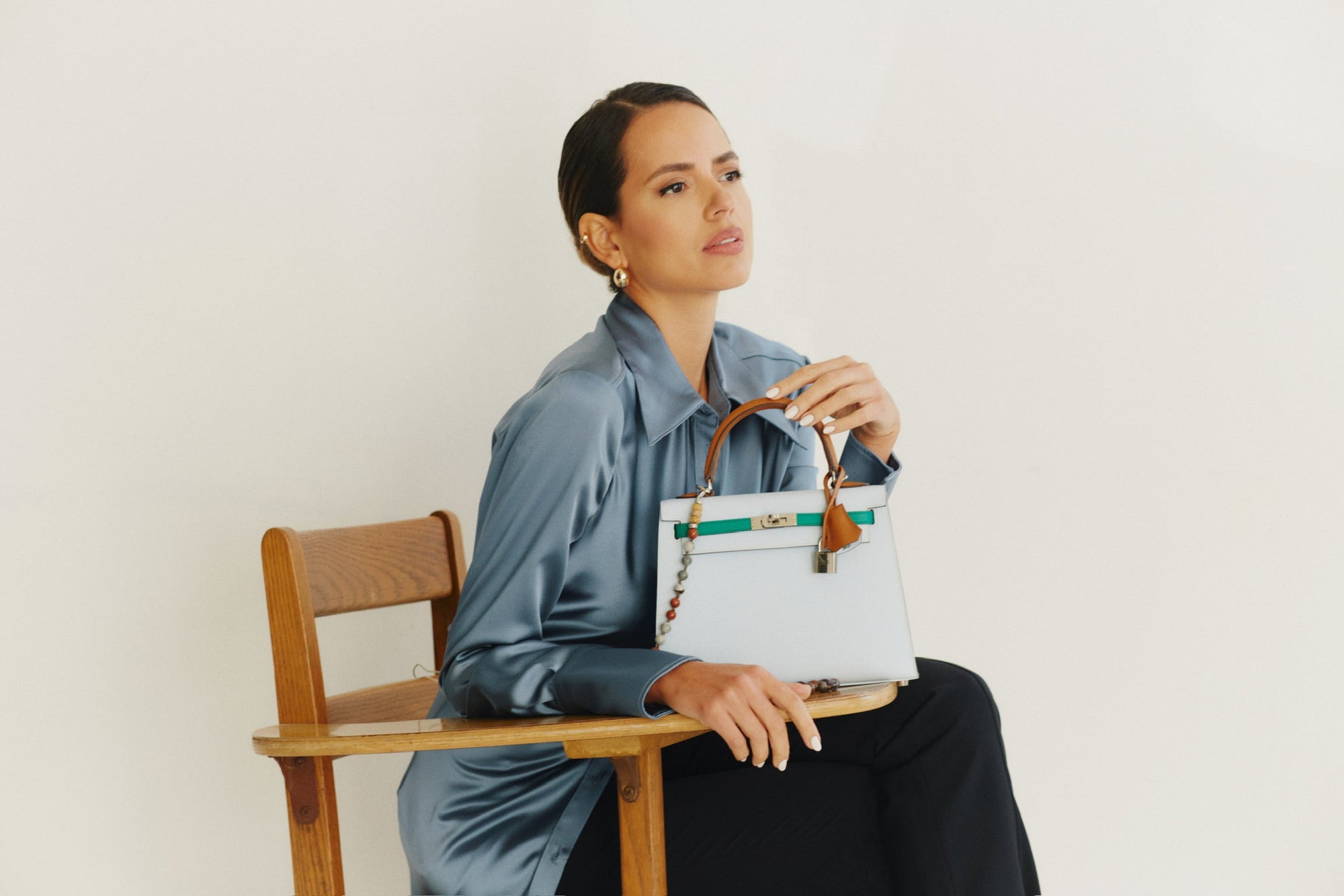 Hermès Kelly Sellier 25 Tri-Color Bleu Brume, Vert Jade and Gold Epsom Palladium Hardware
