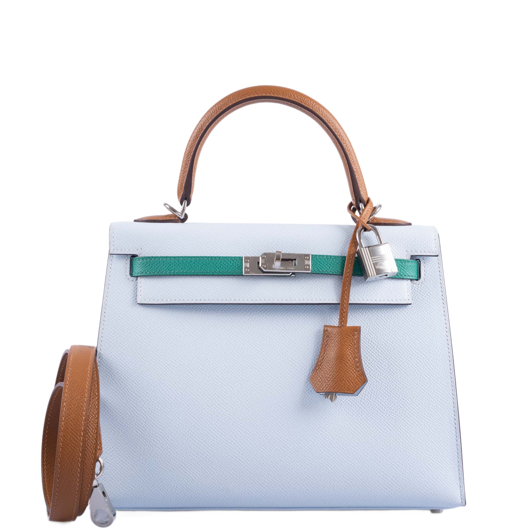 Hermès Kelly Sellier 25 Tri-Color Bleu Brume, Vert Jade and Gold Epsom Palladium Hardware