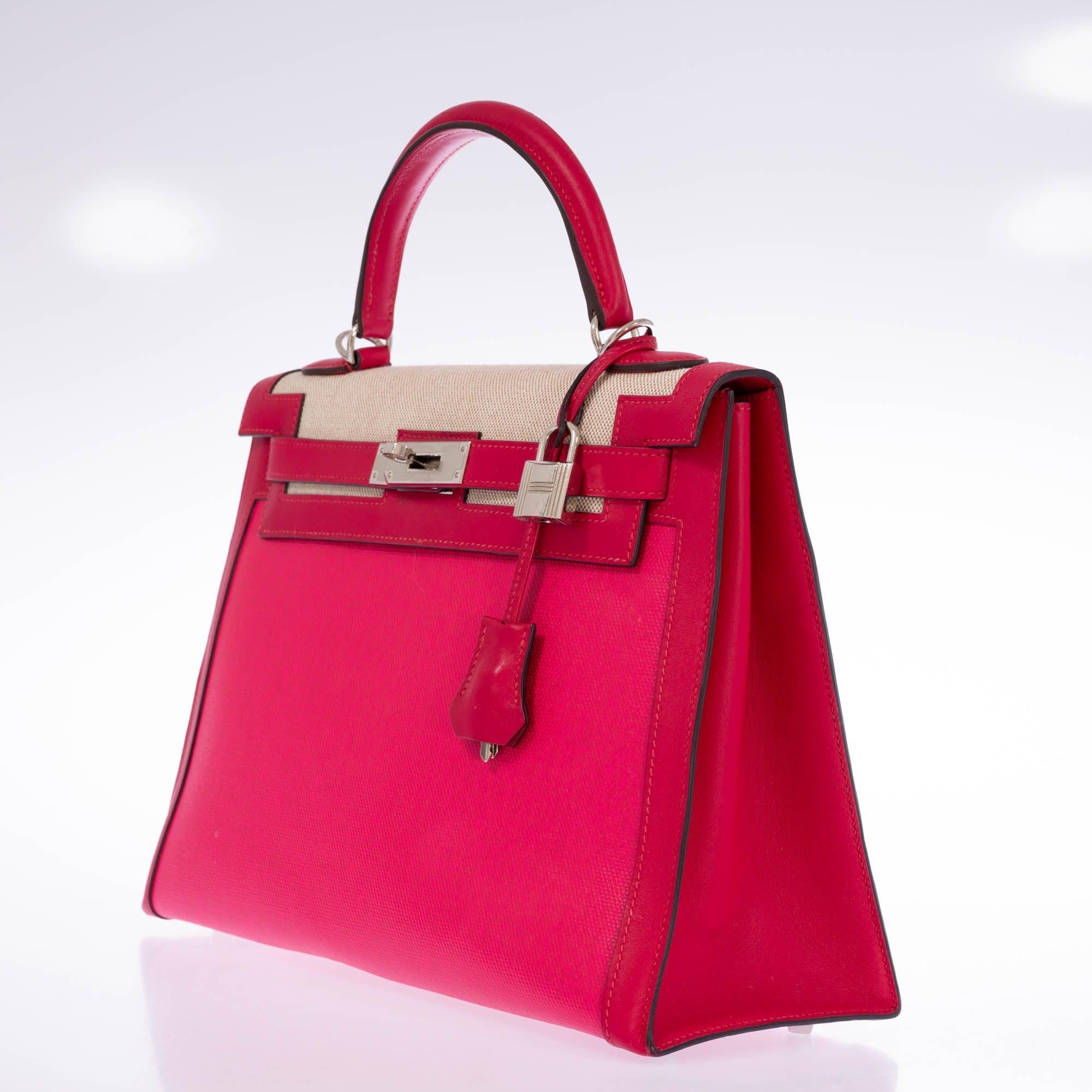 Hermès Kelly Sellier 32 Rose Shocking & Écru-Beige Toile & Framboise Leather Palladium Hardware