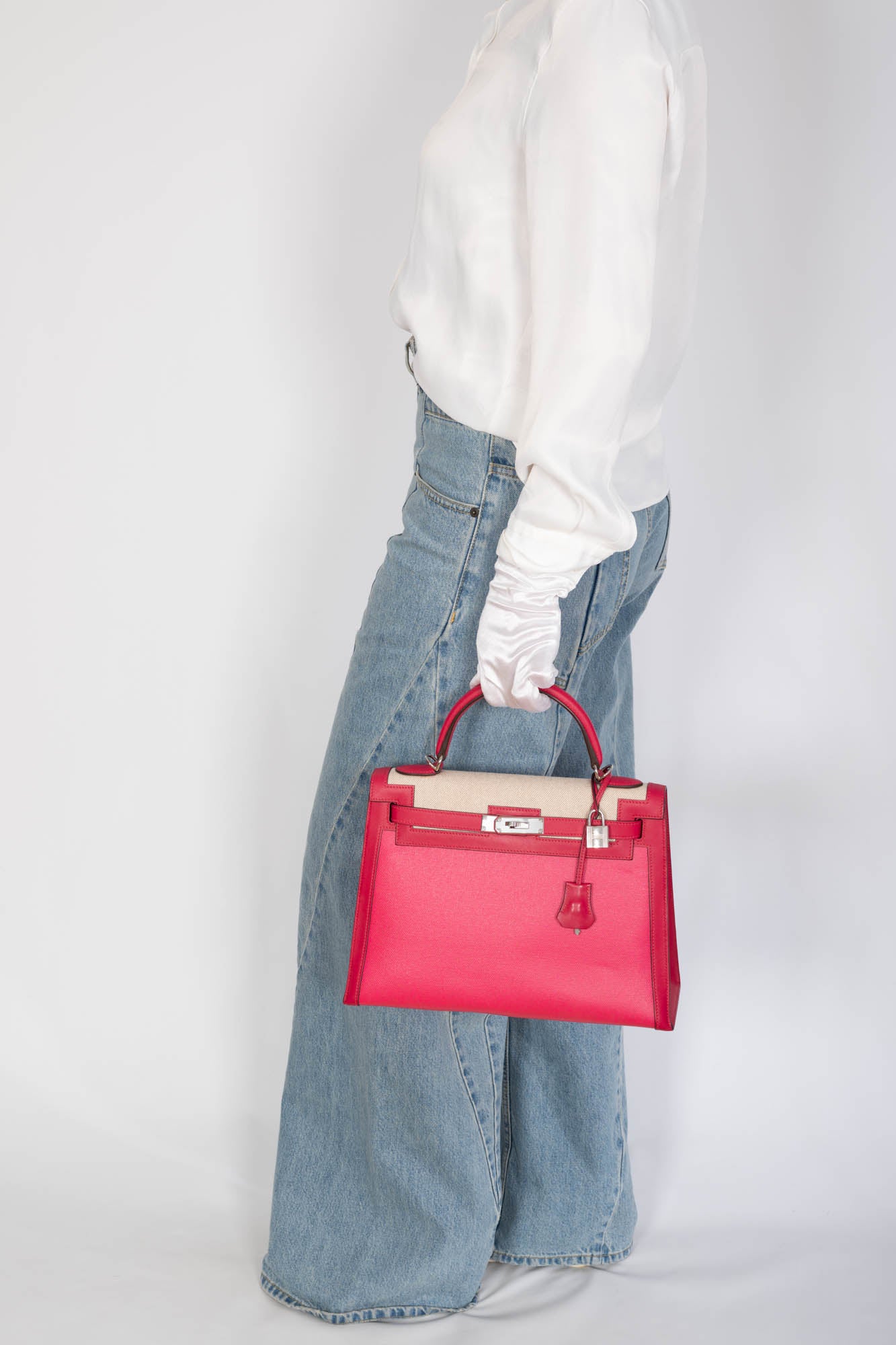 Hermès Kelly Sellier 32 Rose Shocking & Écru-Beige Toile & Framboise Leather Palladium Hardware