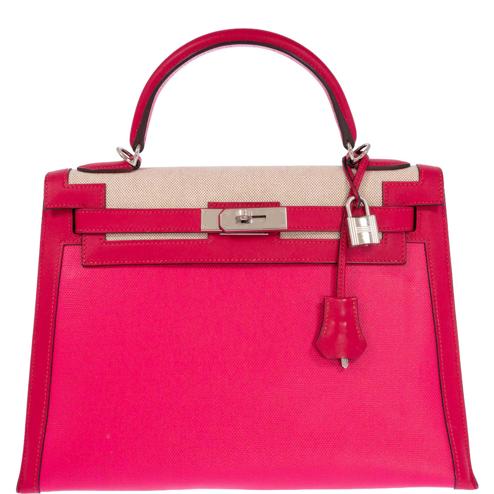 Hermès Kelly Sellier 32 Rose Shocking & Écru-Beige Toile & Framboise Leather Palladium Hardware