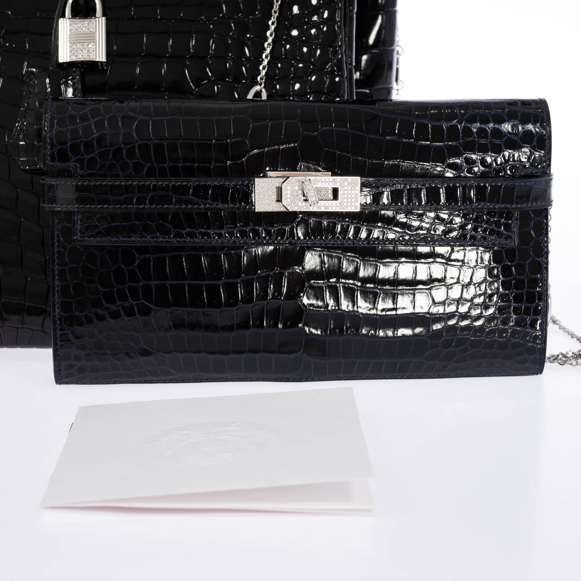 Hermès Kelly Wallet Bleu Marine Shiny Porosus Crocodile 18K White Gold & Diamond Hardware