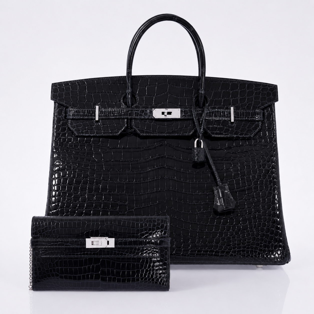 Hermès Kelly Wallet Bleu Marine Shiny Porosus Crocodile 18K White Gold & Diamond Hardware