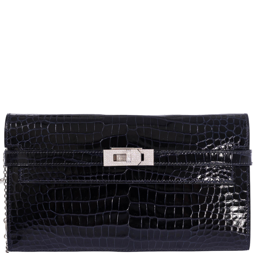 Hermès Kelly Wallet Bleu Marine Shiny Porosus Crocodile 18K White Gold & Diamond Hardware