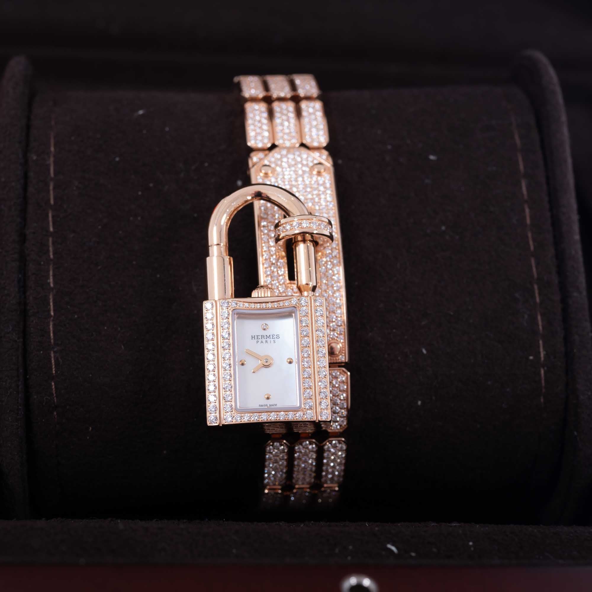 Hermès Kelly Watch High Jewelry Full Diamond Pavé Rose Gold 3-Piece Set