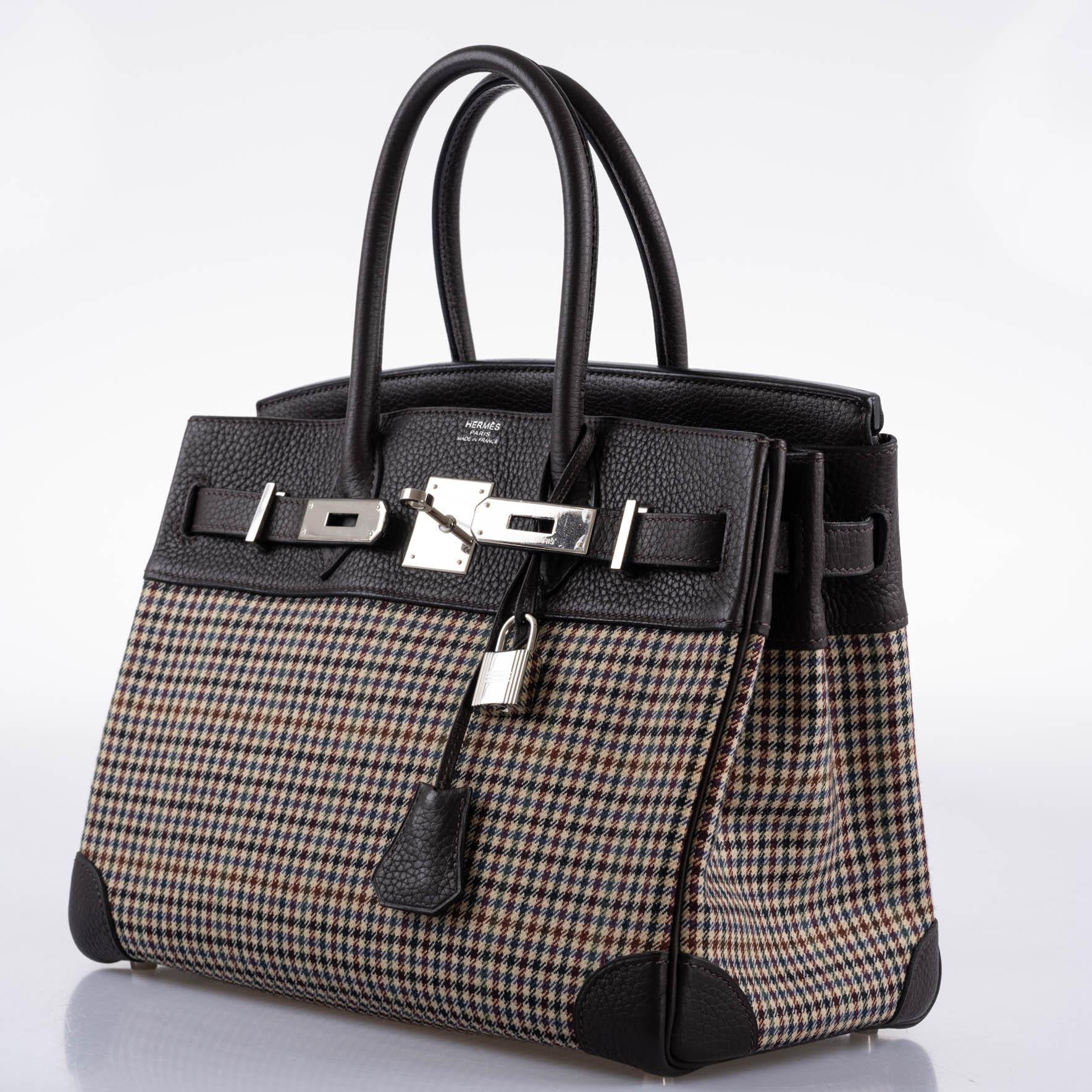 Hermès Lainage Birkin 30 Houndstooth Plaid Wool and Ebene Togo Palladium Hardware