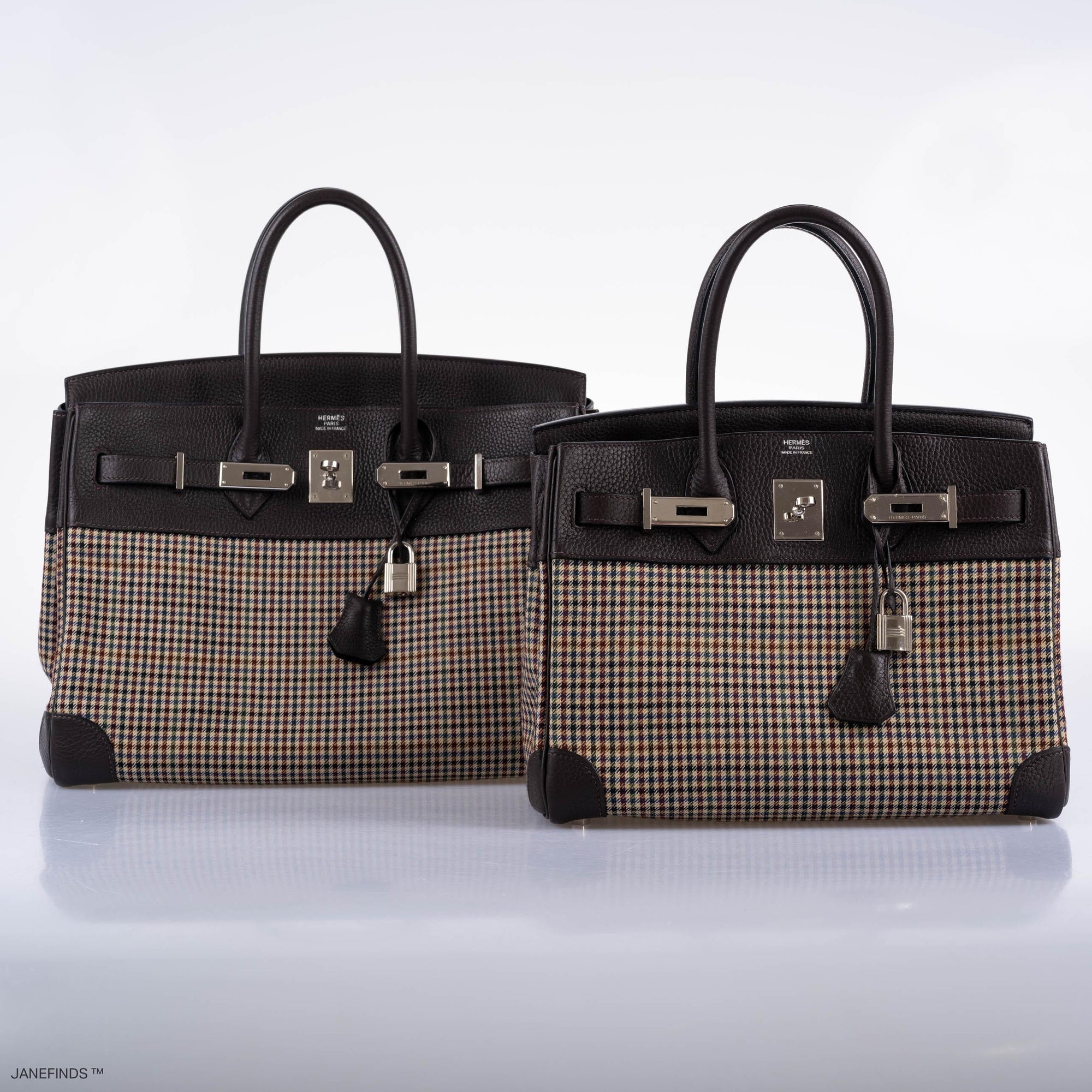Hermès Lainage Birkin 30 Houndstooth Plaid Wool and Ebene Togo Palladium Hardware