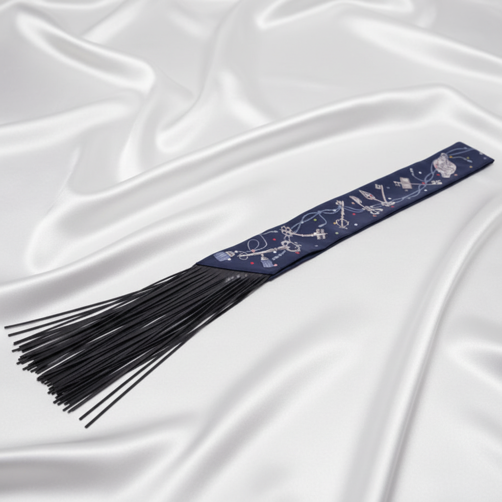 Hermès Les Clés à Pois Leather Fringes Twilly Bleu Marine/Gris Argent Silk