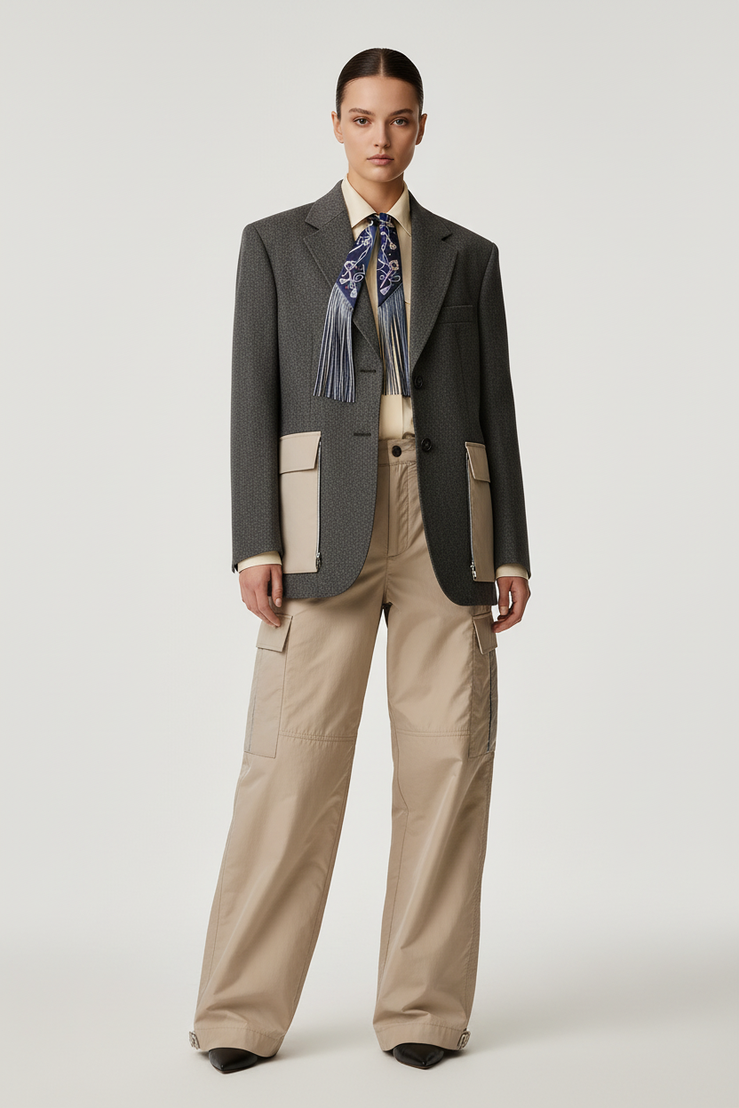 Hermès Les Clés à Pois Leather Fringes Twilly Bleu Marine/Gris Argent Silk