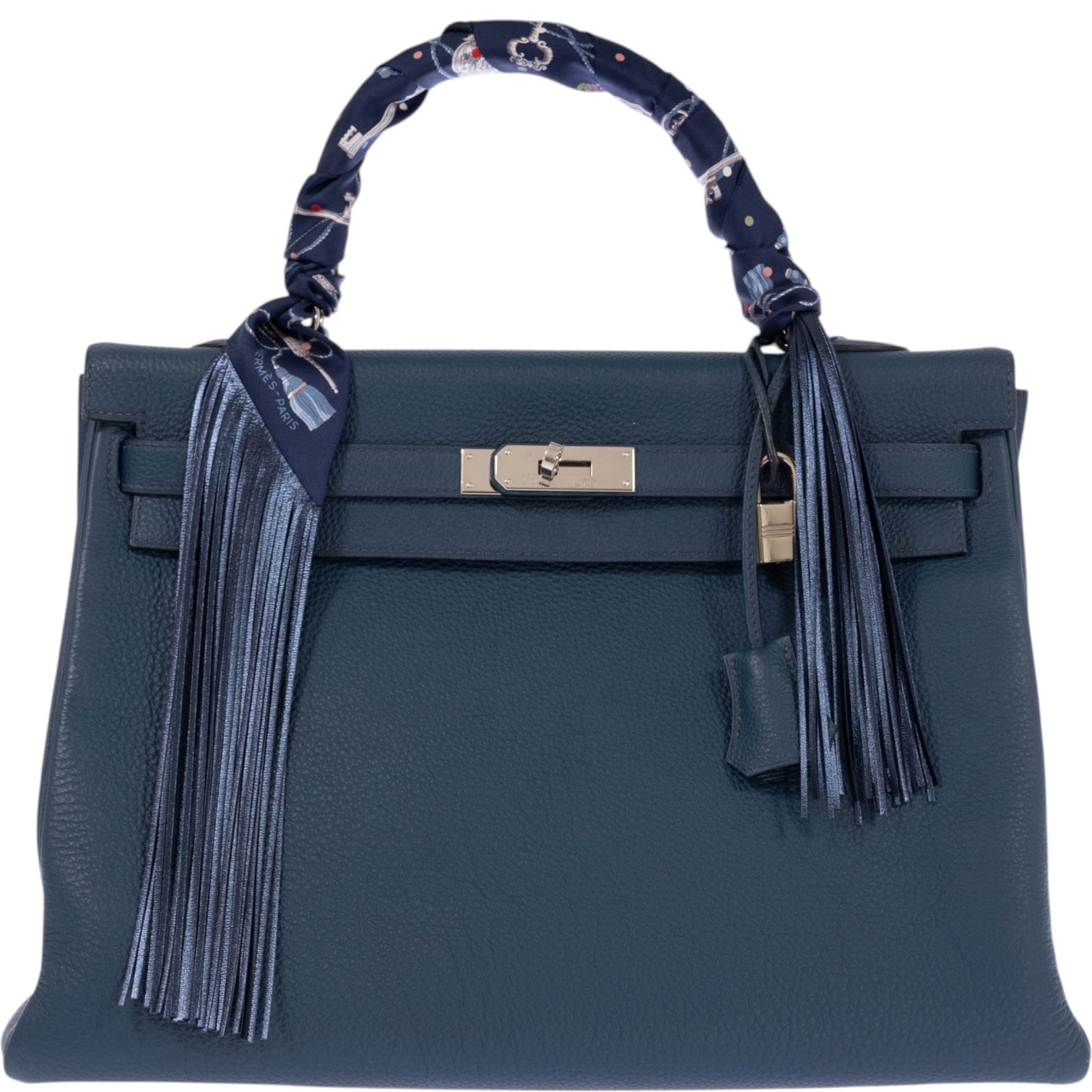 Hermès Les Clés à Pois Leather Fringes Twilly Bleu Marine/Gris Argent Silk