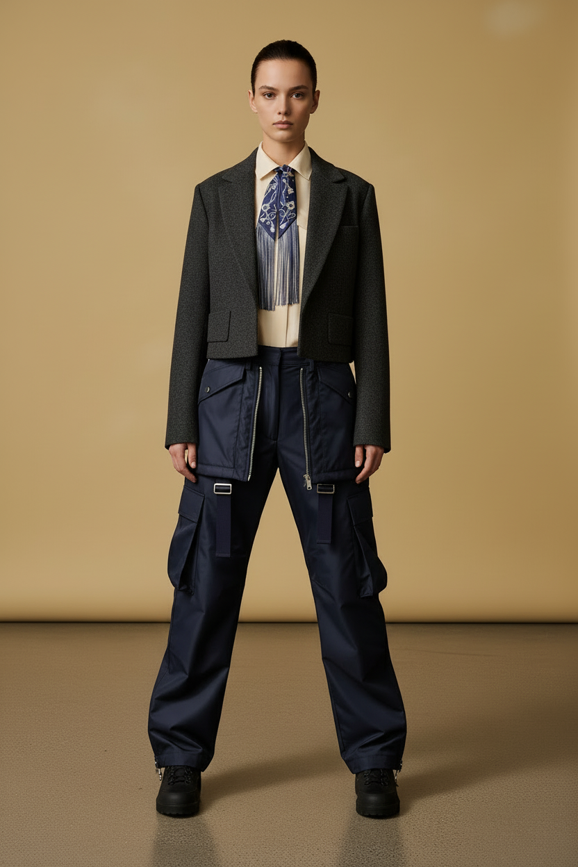 Hermès Les Clés à Pois Leather Fringes Twilly Bleu Marine/Gris Argent Silk