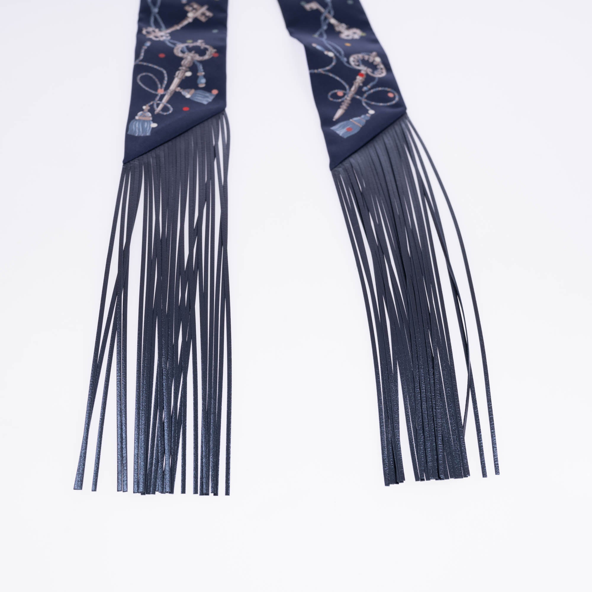Hermès Les Clés à Pois Leather Fringes Twilly Bleu Marine/Gris